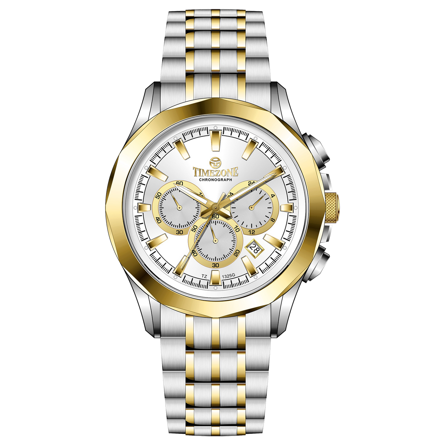 A timezone chronograph watch with a stainless steel band and bracelet, featuring a silver dial with gold-tone hands and markers. Discover timezone watches: elegant branded wrist watches for men in pakistan.