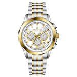 A timezone chronograph watch with a stainless steel band and bracelet, featuring a silver dial with gold-tone hands and markers. Discover timezone watches: elegant branded wrist watches for men in pakistan.