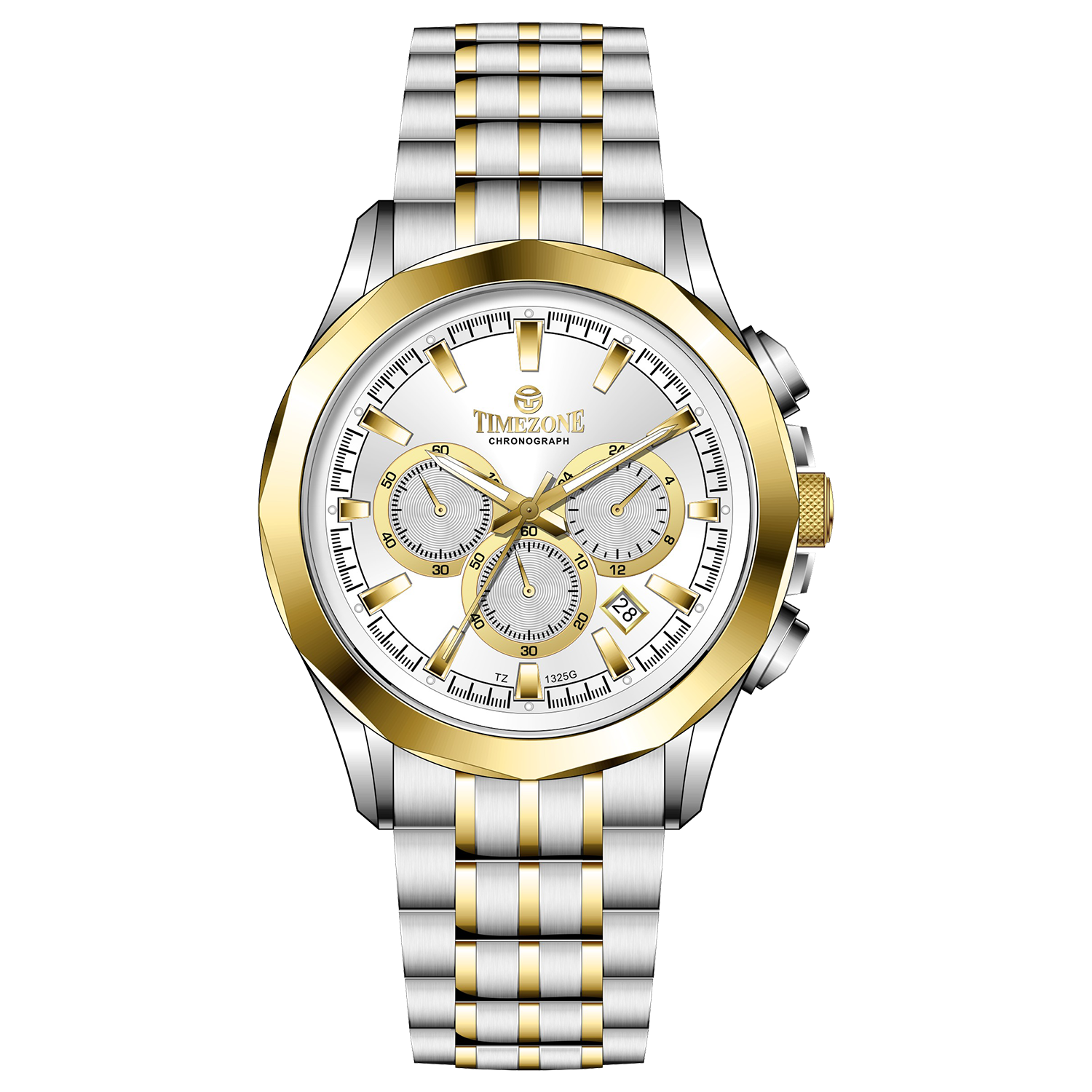 A timezone chronograph watch with a stainless steel band and bracelet, featuring a silver dial with gold-tone hands and markers. Discover timezone watches: elegant branded wrist watches for men in pakistan.