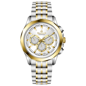 A timezone chronograph watch with a stainless steel band and bracelet, featuring a silver dial with gold-tone hands and markers. Discover timezone watches: elegant branded wrist watches for men in pakistan.