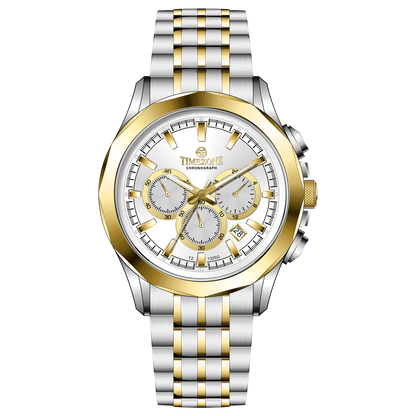 A timezone chronograph watch with a stainless steel band and bracelet, featuring a silver dial with gold-tone hands and markers. Discover timezone watches: elegant branded wrist watches for men in pakistan.