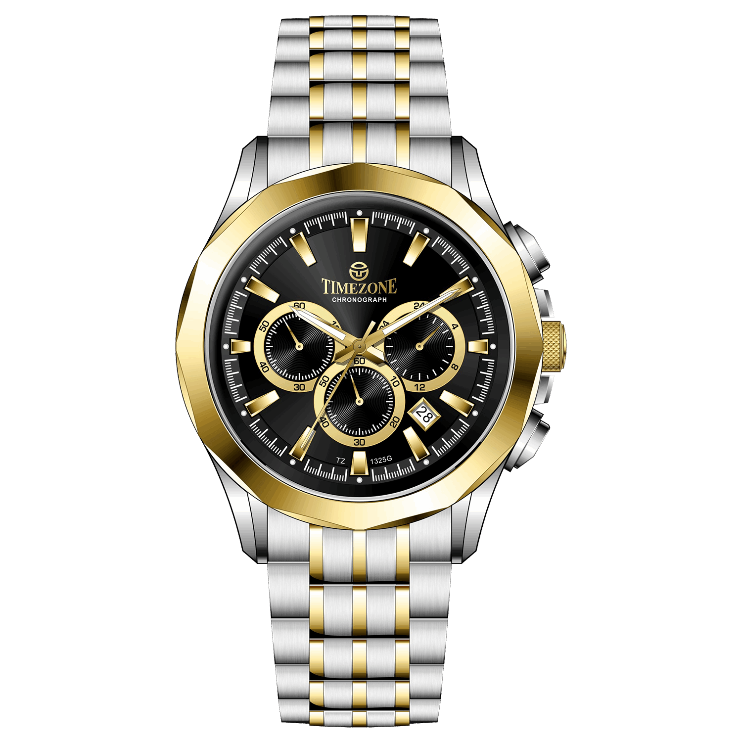A timezone chronograph watch with a stainless steel band and bracelet, featuring a silver dial with gold-tone hands and markers. Discover timezone watches: elegant branded wrist watches for men in pakistan.