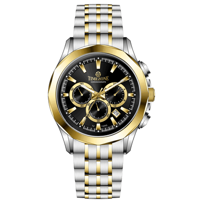 A timezone chronograph watch with a stainless steel band and bracelet, featuring a silver dial with gold-tone hands and markers. Discover timezone watches: elegant branded wrist watches for men in pakistan.