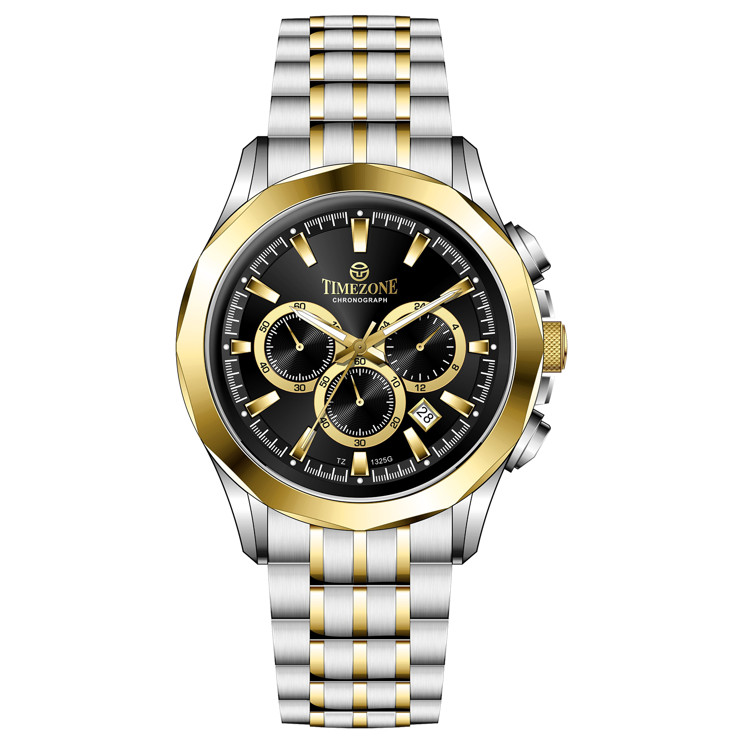 A timezone chronograph watch with a stainless steel band and bracelet, featuring a silver dial with gold-tone hands and markers. Discover timezone watches: elegant branded wrist watches for men in pakistan.