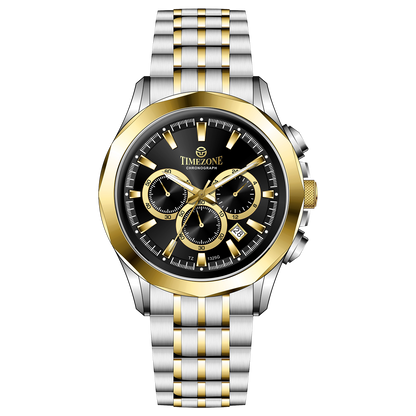 A timezone chronograph watch with a stainless steel band and bracelet, featuring a silver dial with gold-tone hands and markers. Discover timezone watches: elegant branded wrist watches for men in pakistan.