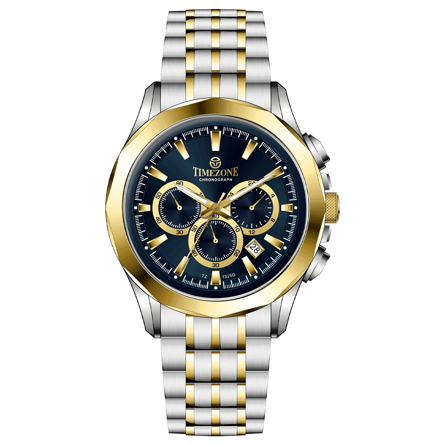 A Timezone chronograph watch with a stainless steel band and bracelet, featuring a silver dial with gold-tone hands and markers. Discover timezone watches: elegant branded wrist watches for men in pakistan.