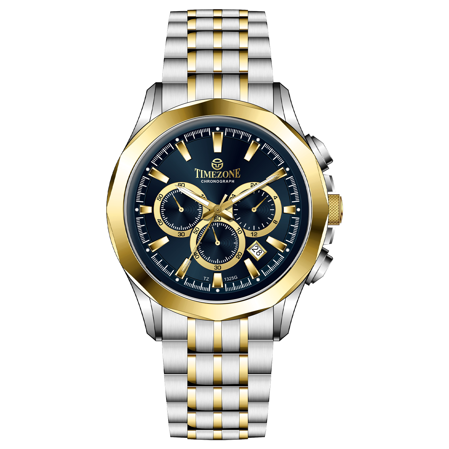 A Timezone chronograph watch with a stainless steel band and bracelet, featuring a silver dial with gold-tone hands and markers. Discover timezone watches: elegant branded wrist watches for men in pakistan.