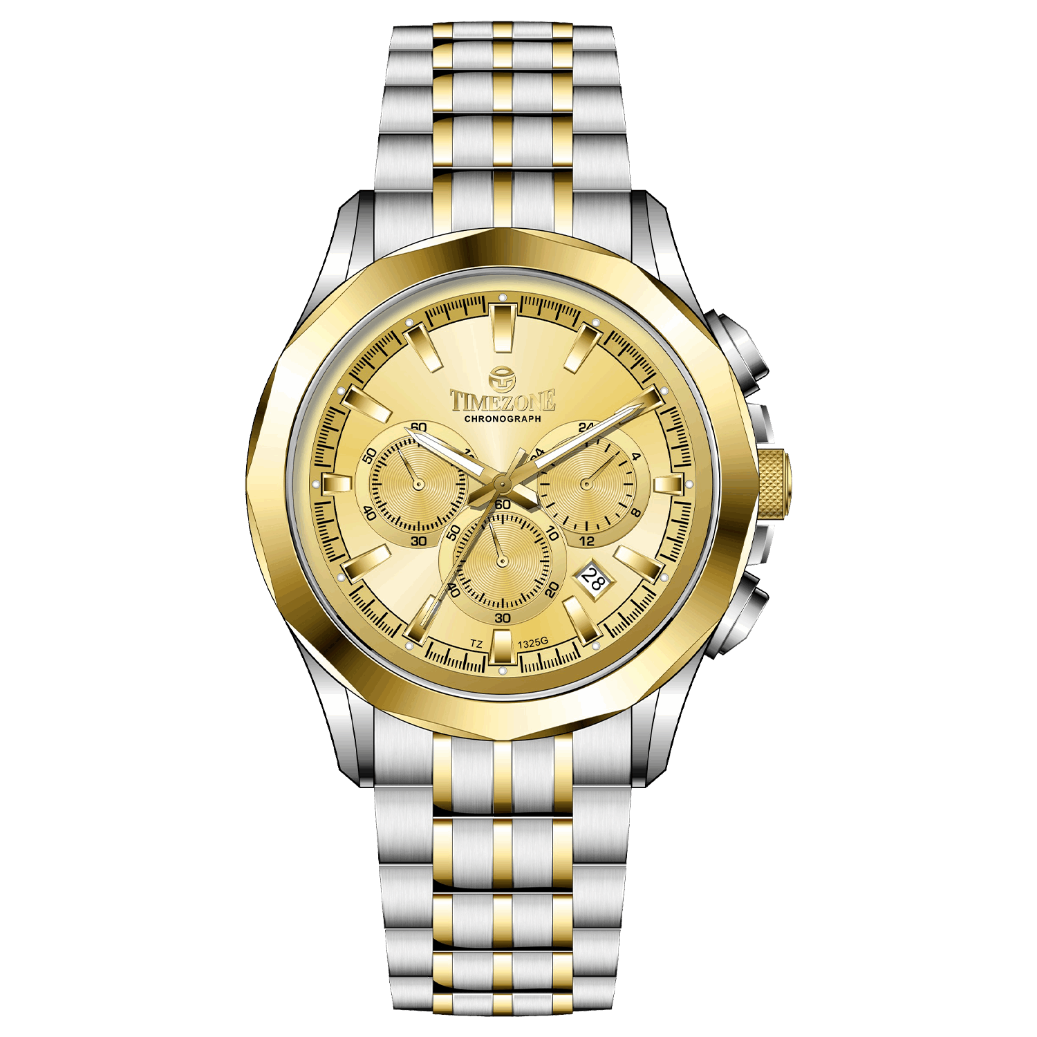 A Timezone chronograph watch with a stainless steel band and bracelet, featuring a silver dial with gold-tone hands and markers. Discover timezone watches: elegant branded wrist watches for men in pakistan.