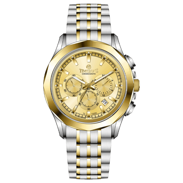 A Timezone chronograph watch with a stainless steel band and bracelet, featuring a silver dial with gold-tone hands and markers. Discover timezone watches: elegant branded wrist watches for men in pakistan.