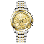 A Timezone chronograph watch with a stainless steel band and bracelet, featuring a silver dial with gold-tone hands and markers. Discover timezone watches: elegant branded wrist watches for men in pakistan.