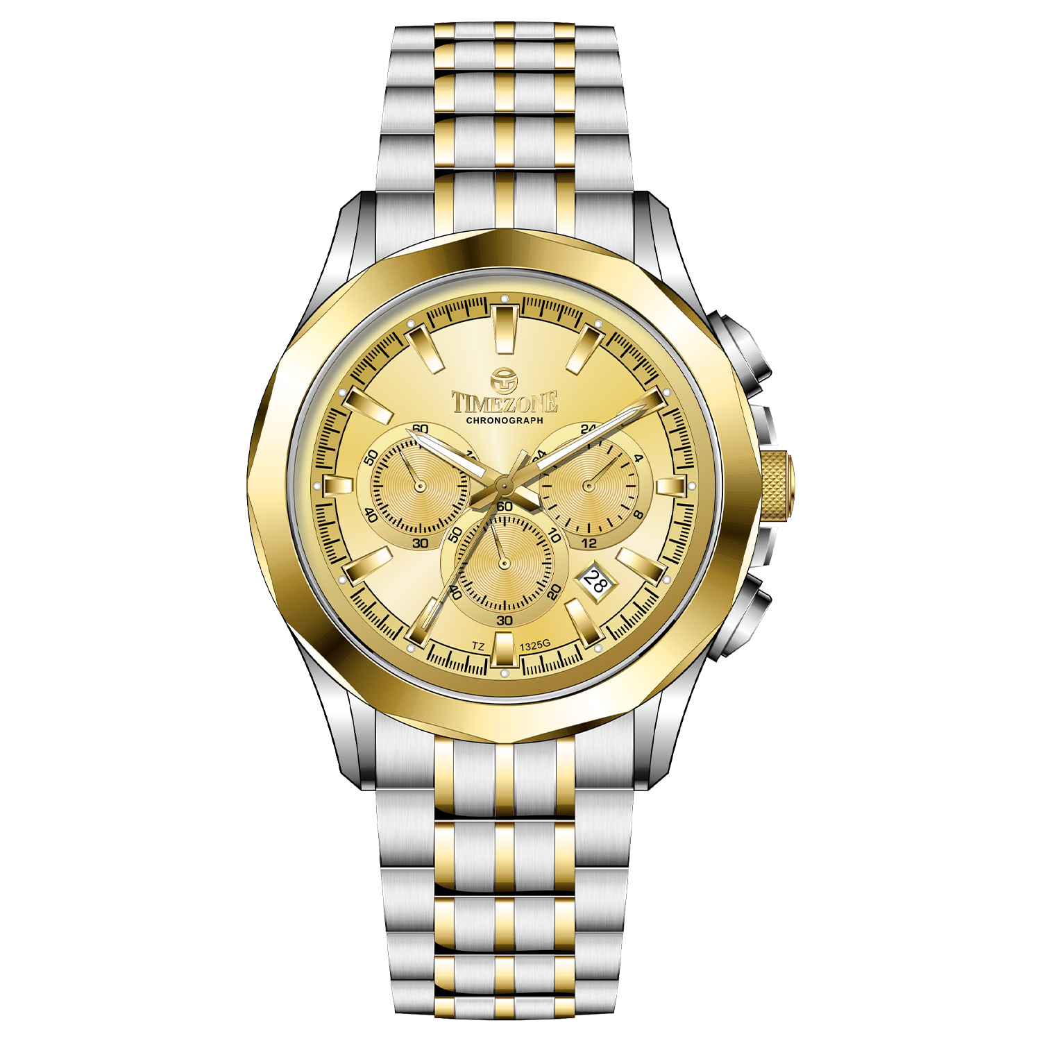 A Timezone chronograph watch with a stainless steel band and bracelet, featuring a silver dial with gold-tone hands and markers. Discover timezone watches: elegant branded wrist watches for men in pakistan.
