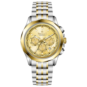 A Timezone chronograph watch with a stainless steel band and bracelet, featuring a silver dial with gold-tone hands and markers. Discover timezone watches: elegant branded wrist watches for men in pakistan.