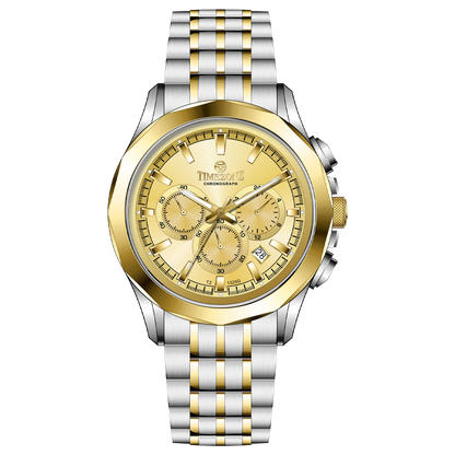 A Timezone chronograph watch with a stainless steel band and bracelet, featuring a silver dial with gold-tone hands and markers. Discover timezone watches: elegant branded wrist watches for men in pakistan.