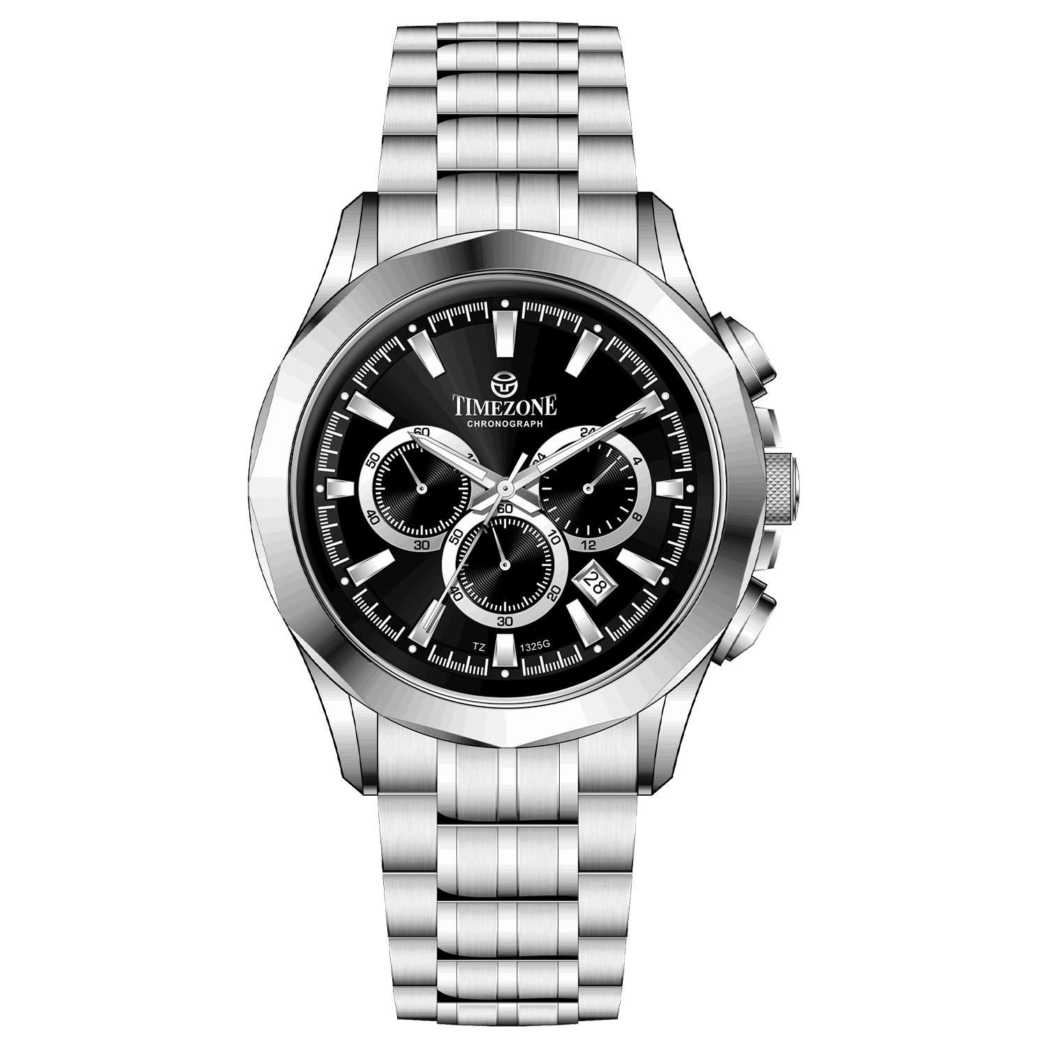 A stainless steel Timezone chronograph watch with a silver dial, multiple sub-dials, and a date display. Discover timezone watches: elegant branded wrist watches for men in pakistan.