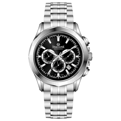 A stainless steel Timezone chronograph watch with a silver dial, multiple sub-dials, and a date display. Discover timezone watches: elegant branded wrist watches for men in pakistan.