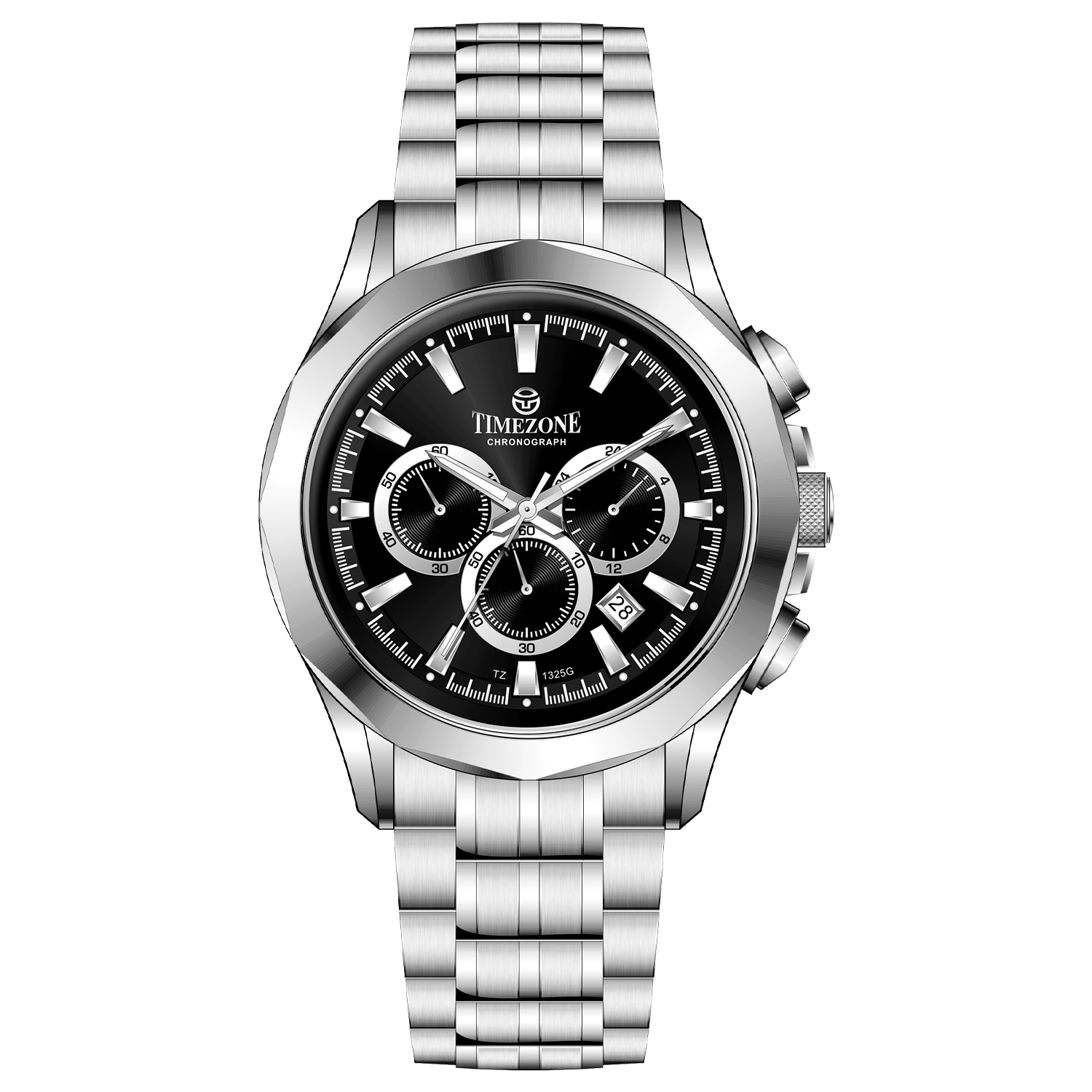 A stainless steel Timezone chronograph watch with a silver dial, multiple sub-dials, and a date display. Discover timezone watches: elegant branded wrist watches for men in pakistan.