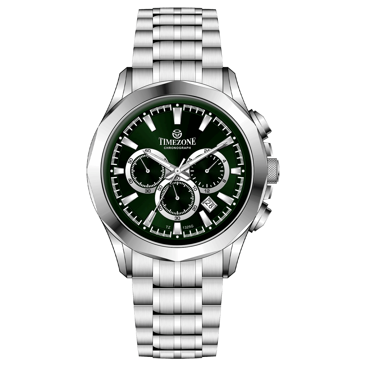 A stainless steel timezone chronograph watch with a silver dial, multiple sub-dials, and a date display. Discover timezone watches: elegant branded wrist watches for men in pakistan.