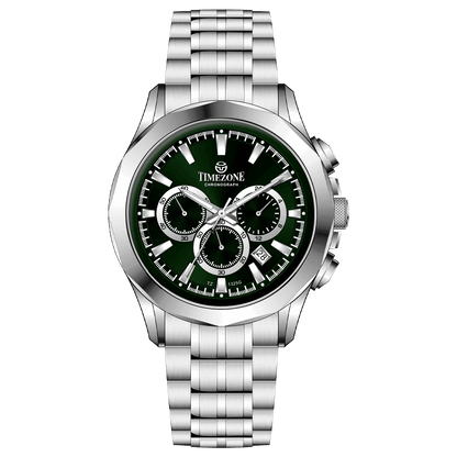 A stainless steel timezone chronograph watch with a silver dial, multiple sub-dials, and a date display. Discover timezone watches: elegant branded wrist watches for men in pakistan.