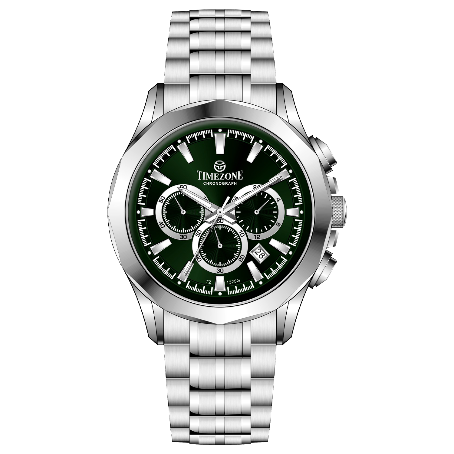 A stainless steel timezone chronograph watch with a silver dial, multiple sub-dials, and a date display. Discover timezone watches: elegant branded wrist watches for men in pakistan.