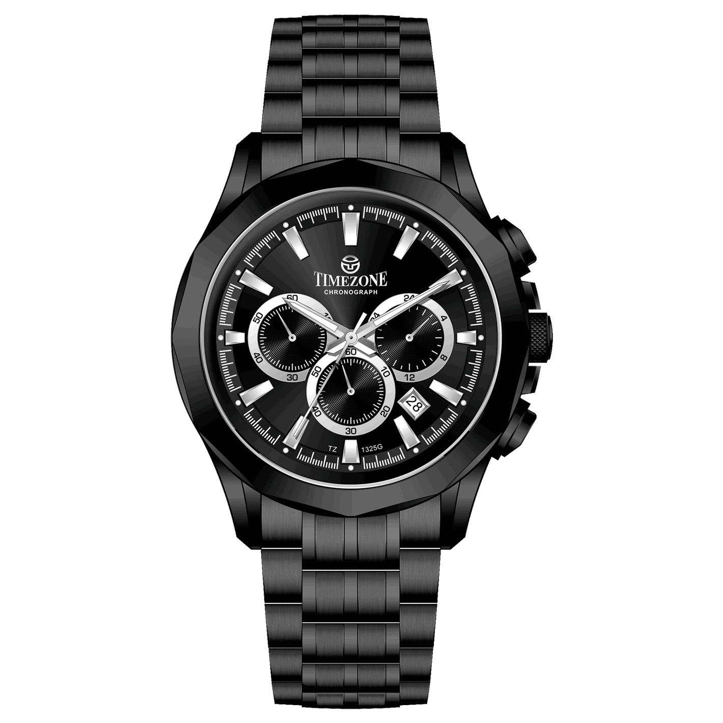 A black stainless steel Timezone chronograph watch with a black band and a silver dial featuring multiple subdials and a date display. Discover timezone watches: elegant branded wrist watches for men in pakistan.