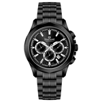 A black stainless steel Timezone chronograph watch with a black band and a silver dial featuring multiple subdials and a date display. Discover timezone watches: elegant branded wrist watches for men in pakistan.