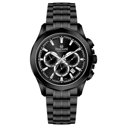 A black stainless steel Timezone chronograph watch with a black band and a silver dial featuring multiple subdials and a date display. Discover timezone watches: elegant branded wrist watches for men in pakistan.