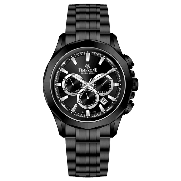 A black stainless steel Timezone chronograph watch with a black band and a silver dial featuring multiple subdials and a date display. Discover timezone watches: elegant branded wrist watches for men in pakistan.