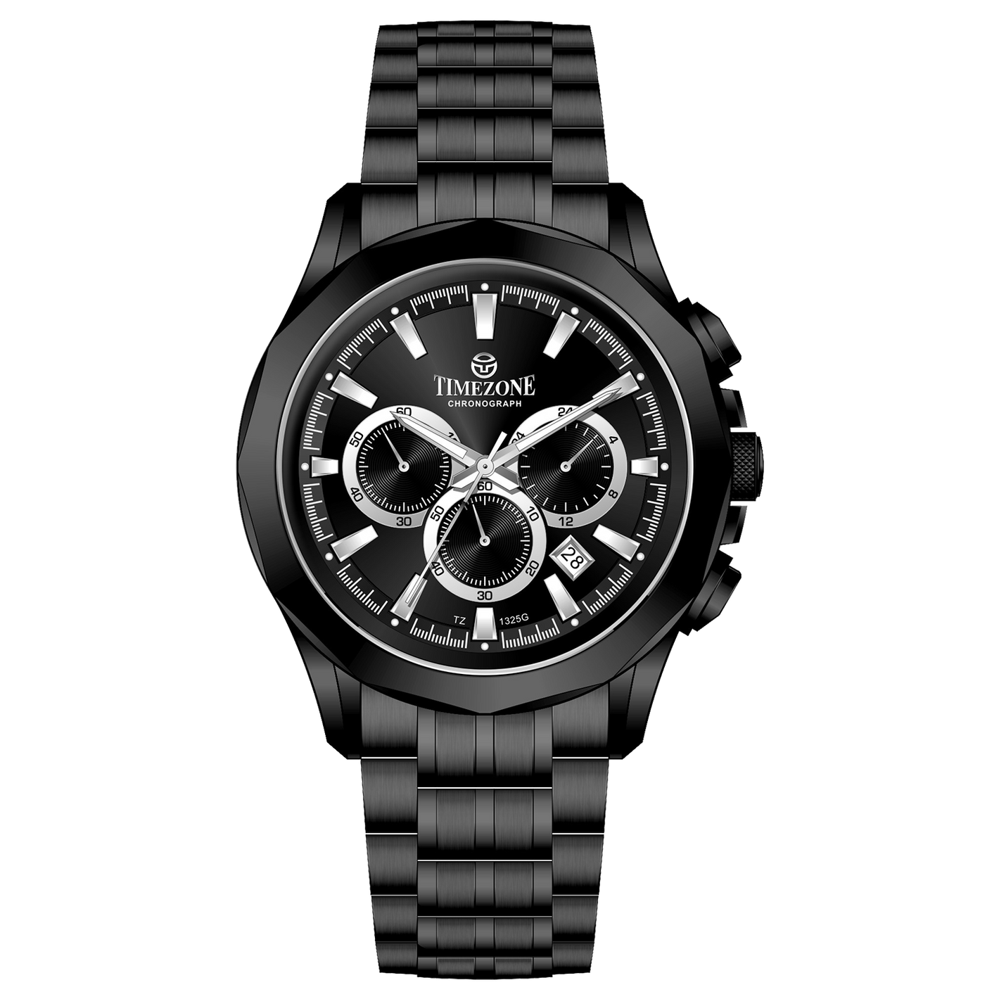 A black stainless steel Timezone chronograph watch with a black band and a silver dial featuring multiple subdials and a date display. Discover timezone watches: elegant branded wrist watches for men in pakistan.