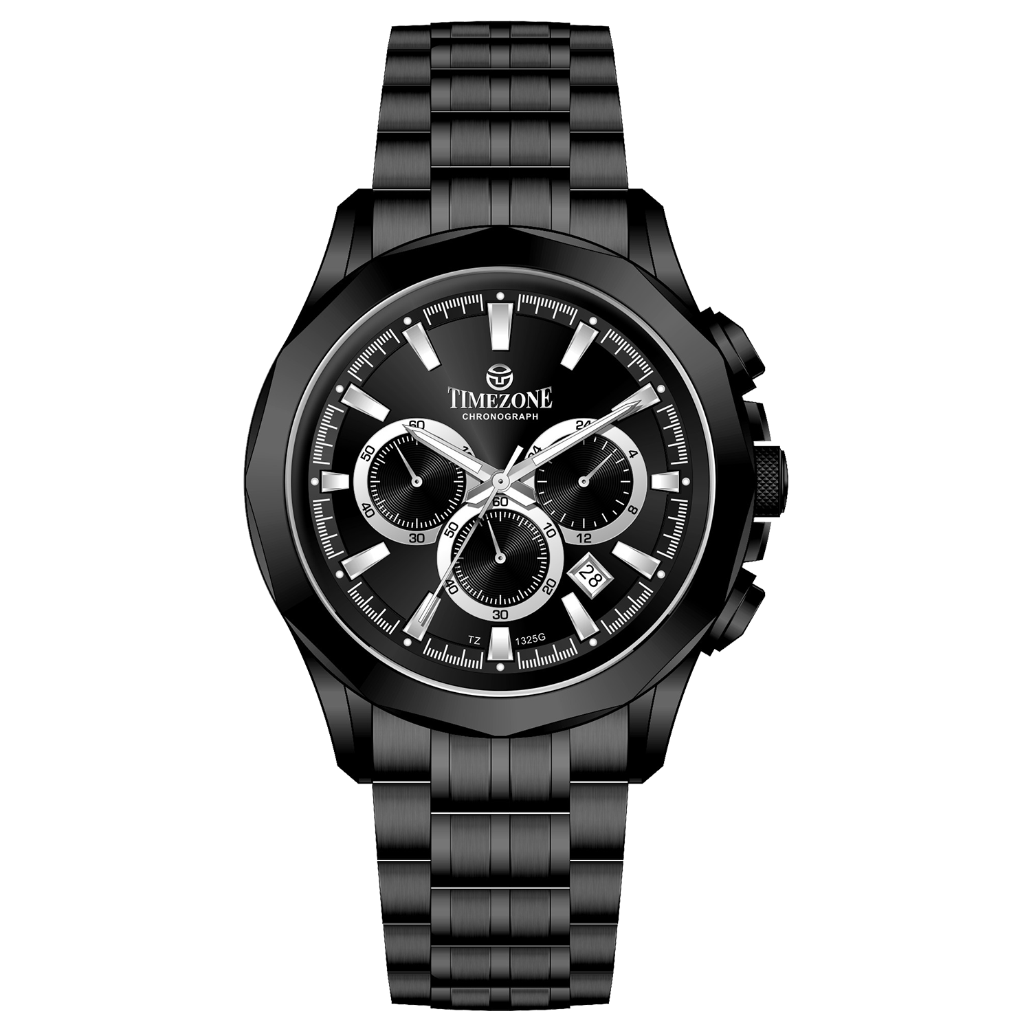 A black stainless steel Timezone chronograph watch with a black band and a silver dial featuring multiple subdials and a date display. Discover timezone watches: elegant branded wrist watches for men in pakistan.