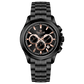 A black stainless steel Timezone chronograph watch with a black band and a silver dial featuring multiple subdials and a date display. Discover timezone watches: elegant branded wrist watches for men in pakistan.