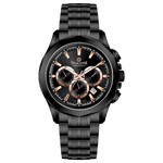 A black stainless steel Timezone chronograph watch with a black band and a silver dial featuring multiple subdials and a date display. Discover timezone watches: elegant branded wrist watches for men in pakistan.
