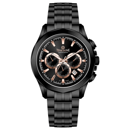 A black stainless steel Timezone chronograph watch with a black band and a silver dial featuring multiple subdials and a date display. Discover timezone watches: elegant branded wrist watches for men in pakistan.