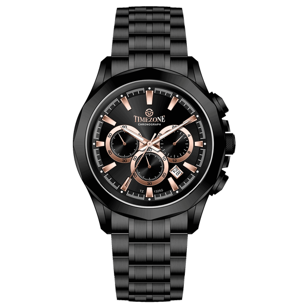 A black stainless steel Timezone chronograph watch with a black band and a silver dial featuring multiple subdials and a date display. Discover timezone watches: elegant branded wrist watches for men in pakistan.