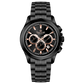 A black stainless steel Timezone chronograph watch with a black band and a silver dial featuring multiple subdials and a date display. Discover timezone watches: elegant branded wrist watches for men in pakistan.