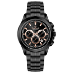 A black stainless steel Timezone chronograph watch with a black band and a silver dial featuring multiple subdials and a date display. Discover timezone watches: elegant branded wrist watches for men in pakistan.