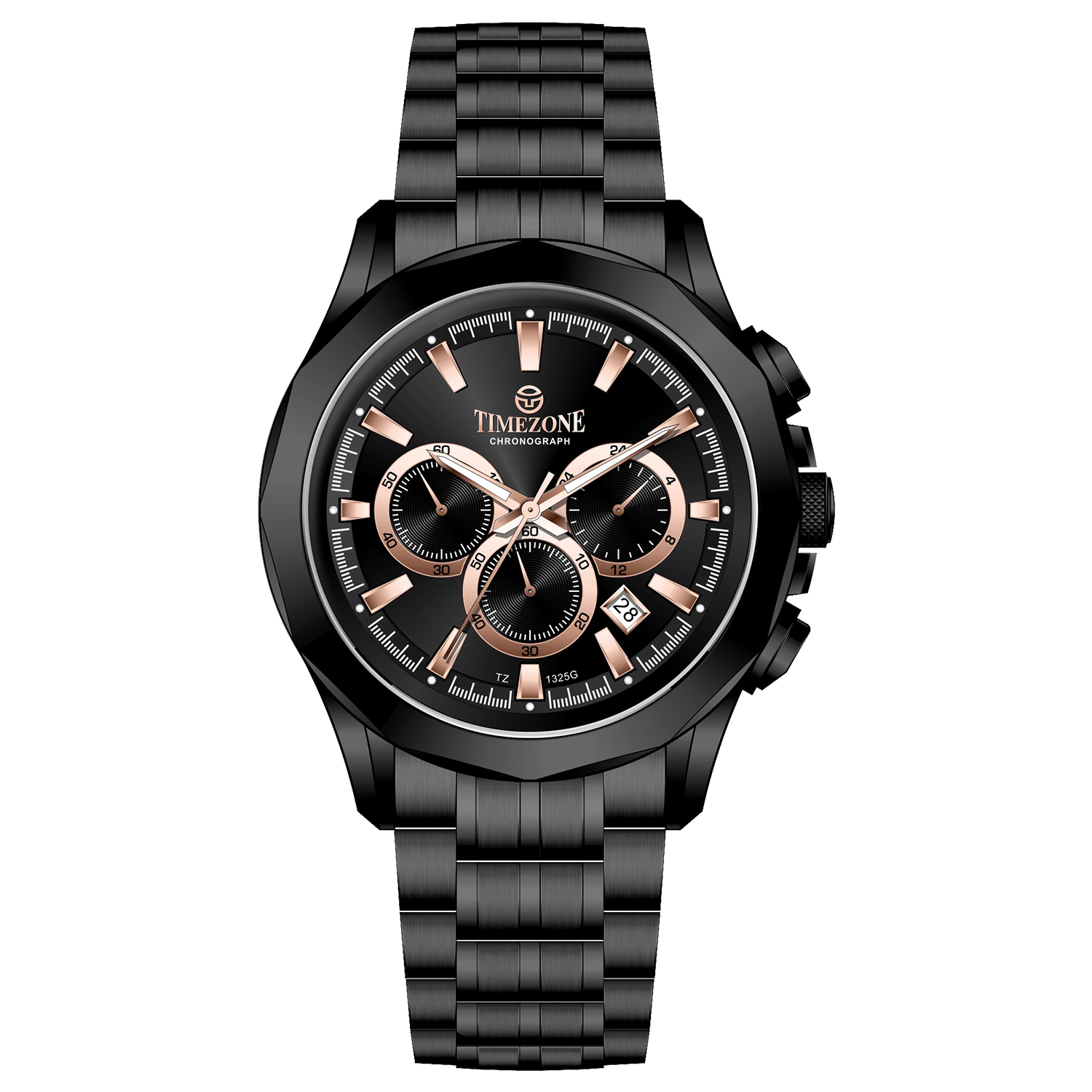 A black stainless steel Timezone chronograph watch with a black band and a silver dial featuring multiple subdials and a date display. Discover timezone watches: elegant branded wrist watches for men in pakistan.