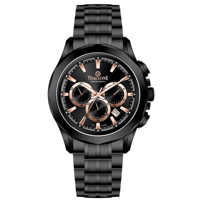 A black stainless steel Timezone chronograph watch with a black band and a silver dial featuring multiple subdials and a date display. Discover timezone watches: elegant branded wrist watches for men in pakistan.