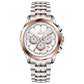 A stainless steel Timezone watch with a chronograph movement, a rose gold band, and a silver dial with rose gold hands. Discover timezone watches: elegant branded wrist watches for men in pakistan.