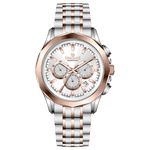 A stainless steel Timezone watch with a chronograph movement, a rose gold band, and a silver dial with rose gold hands. Discover timezone watches: elegant branded wrist watches for men in pakistan.