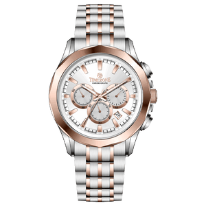 A stainless steel Timezone watch with a chronograph movement, a rose gold band, and a silver dial with rose gold hands. Discover timezone watches: elegant branded wrist watches for men in pakistan.