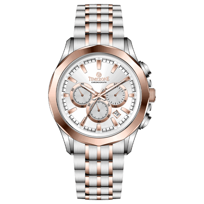 A stainless steel Timezone watch with a chronograph movement, a rose gold band, and a silver dial with rose gold hands. Discover timezone watches: elegant branded wrist watches for men in pakistan.