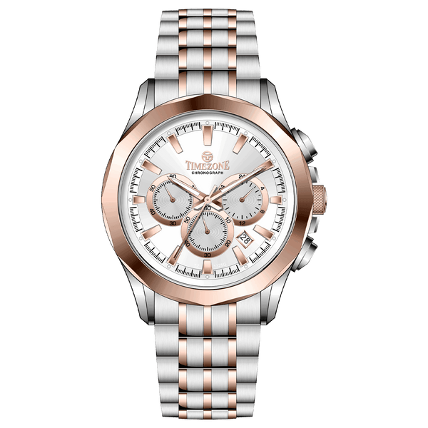 A stainless steel Timezone watch with a chronograph movement, a rose gold band, and a silver dial with rose gold hands. Discover timezone watches: elegant branded wrist watches for men in pakistan.