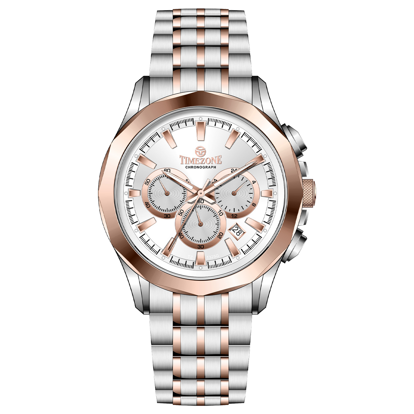 A stainless steel Timezone watch with a chronograph movement, a rose gold band, and a silver dial with rose gold hands. Discover timezone watches: elegant branded wrist watches for men in pakistan.