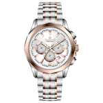 A stainless steel Timezone watch with a chronograph movement, a rose gold band, and a silver dial with rose gold hands. Discover timezone watches: elegant branded wrist watches for men in pakistan.