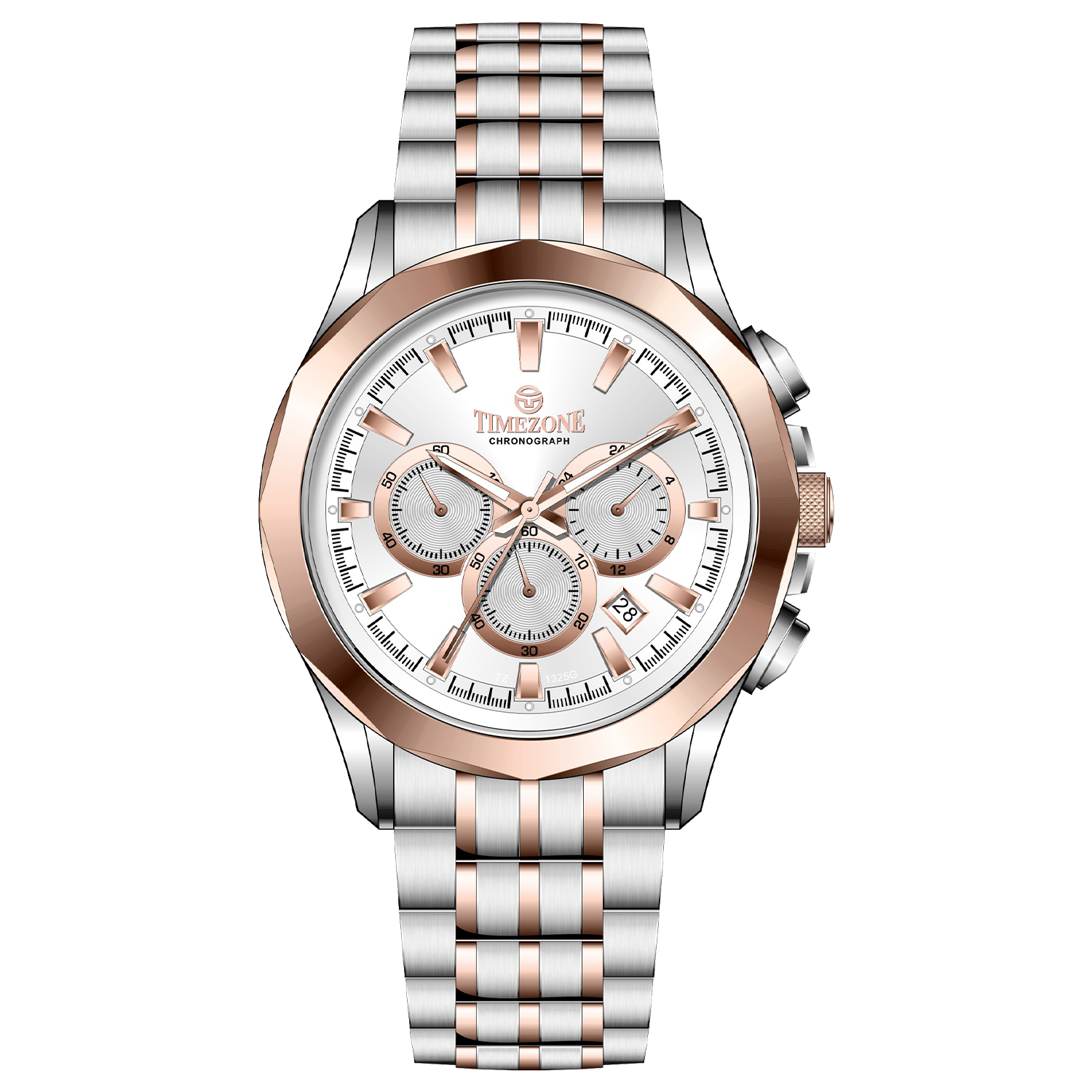 A stainless steel Timezone watch with a chronograph movement, a rose gold band, and a silver dial with rose gold hands. Discover timezone watches: elegant branded wrist watches for men in pakistan.