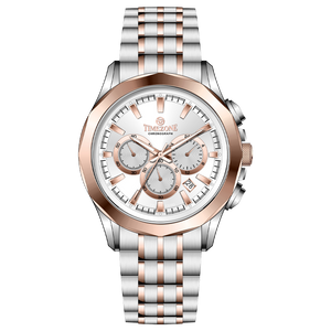A stainless steel Timezone watch with a chronograph movement, a rose gold band, and a silver dial with rose gold hands. Discover timezone watches: elegant branded wrist watches for men in pakistan.