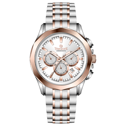A stainless steel Timezone watch with a chronograph movement, a rose gold band, and a silver dial with rose gold hands. Discover timezone watches: elegant branded wrist watches for men in pakistan.