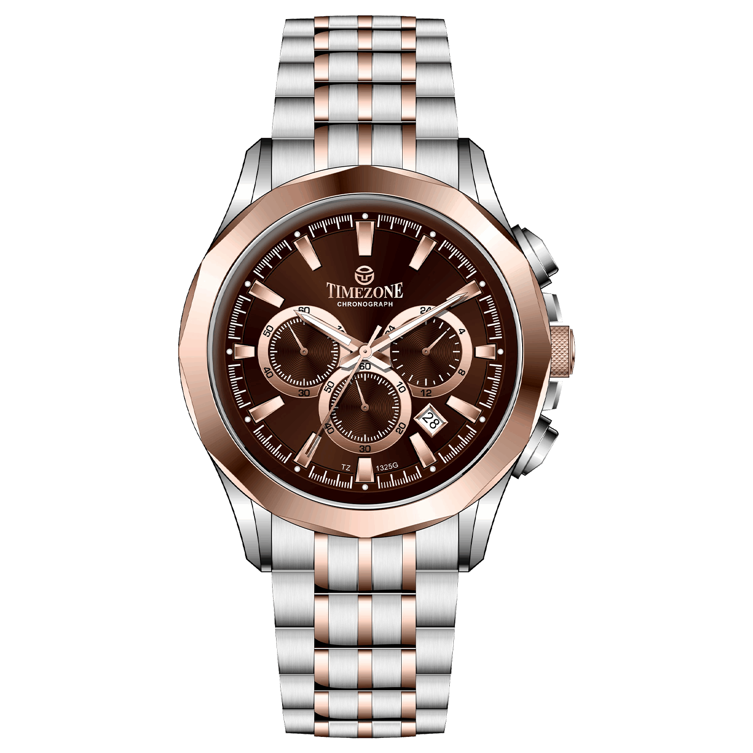 A stainless steel Timezone watch with a chronograph movement, a rose gold band, and a silver dial with rose gold hands. Discover timezone watches: elegant branded wrist watches for men in pakistan.