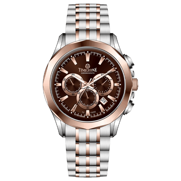 A stainless steel Timezone watch with a chronograph movement, a rose gold band, and a silver dial with rose gold hands. Discover timezone watches: elegant branded wrist watches for men in pakistan.