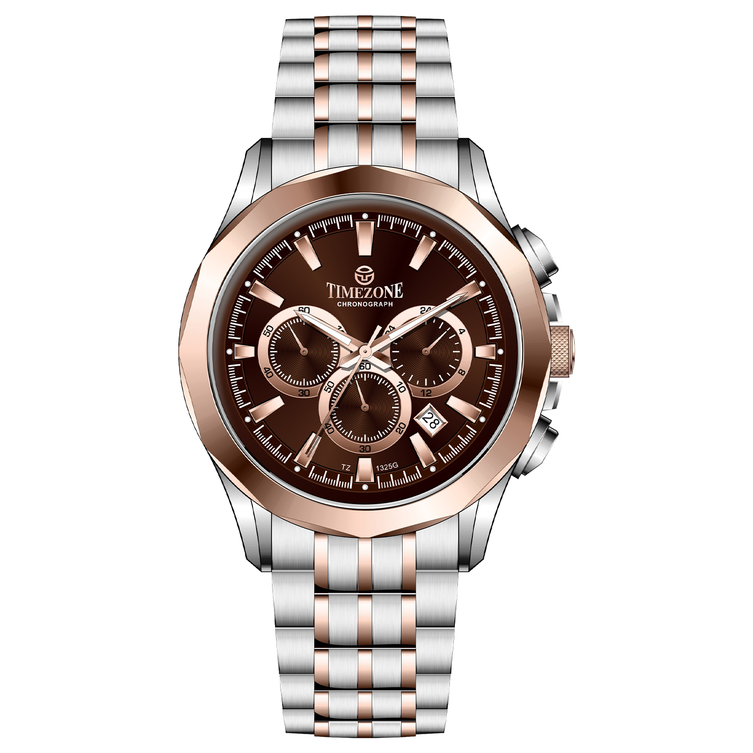 A stainless steel Timezone watch with a chronograph movement, a rose gold band, and a silver dial with rose gold hands. Discover timezone watches: elegant branded wrist watches for men in pakistan.